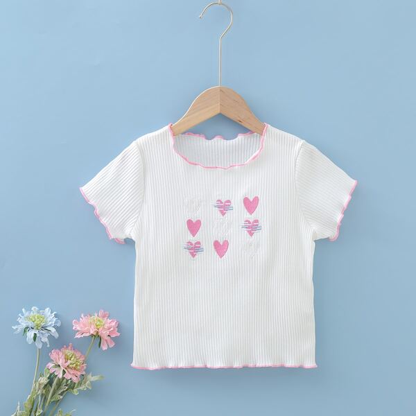 

Girls Heart Embroidery Lettuce Trim Ribbed Tee, White