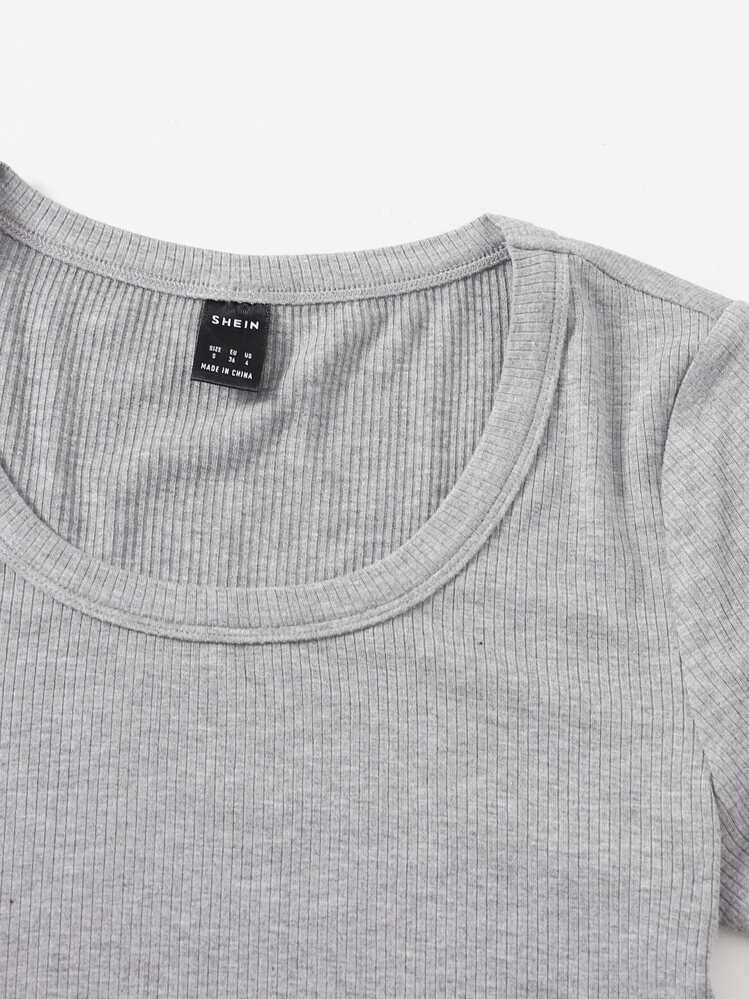 SHEIN EZwear Rib-knit Solid Tee - Light Grey - View 3