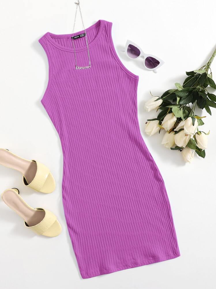 SHEIN Essnce Rib-knit Bodycon Dress - Purple - View 1