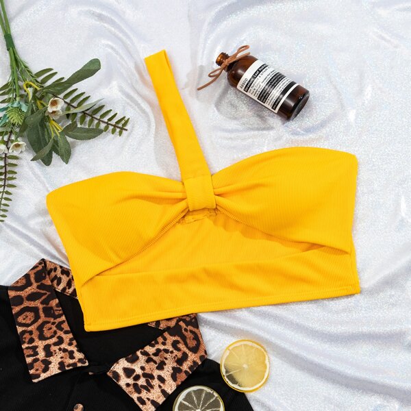 

Rib Cut Out One Shoulder Bikini Top, Yellow