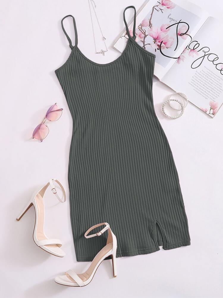 SHEIN Qutie Split Hem Rib-knit Bodycon Dress - Dark Grey - View 1