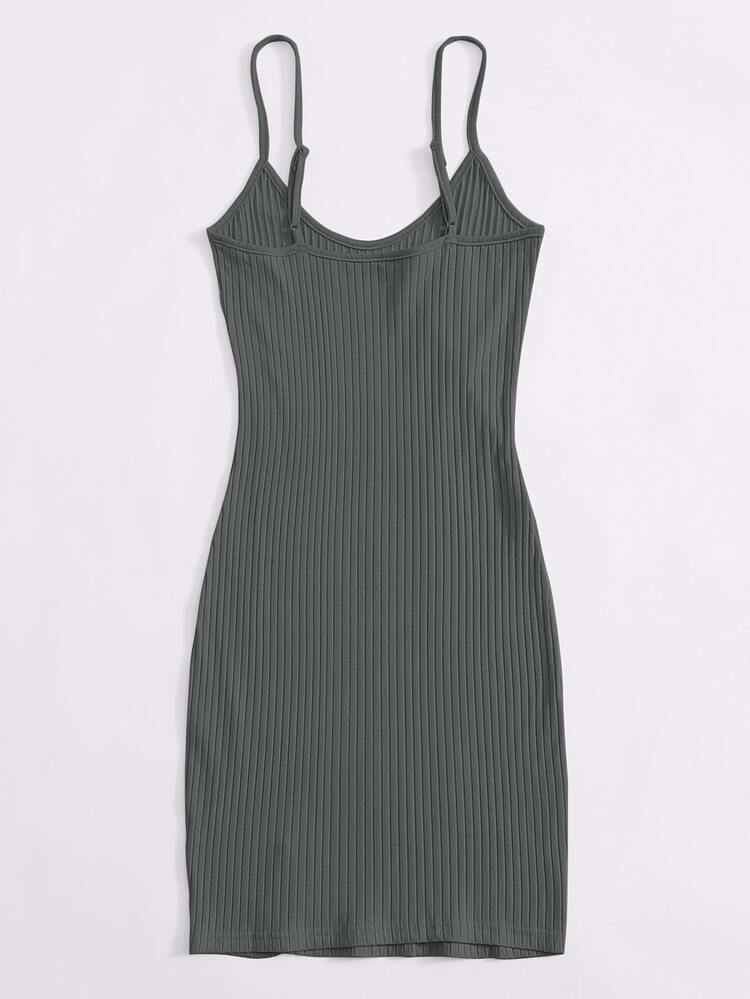 SHEIN Qutie Split Hem Rib-knit Bodycon Dress - Dark Grey - View 2