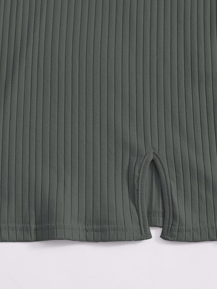 SHEIN Qutie Split Hem Rib-knit Bodycon Dress - Dark Grey - View 4