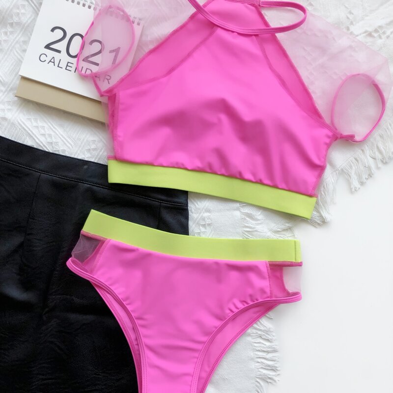 

Contrast Mesh High Waisted Bikini Swimsuit, Pink