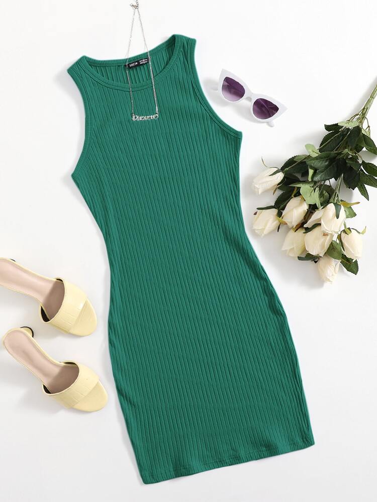 SHEIN Essnce Rib-knit Bodycon Dress - Dark Green - View 1