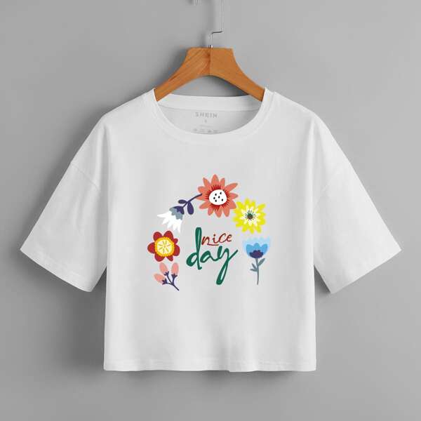 

Floral & Letter Graphic Crop Tee, White