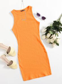 SHEIN Privé Neon Orange Rib-knit Bodycon Dress - Orange - View 1