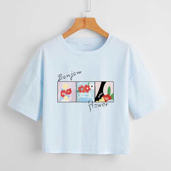 

Floral And Letter Graphic Crop Tee, Baby blue