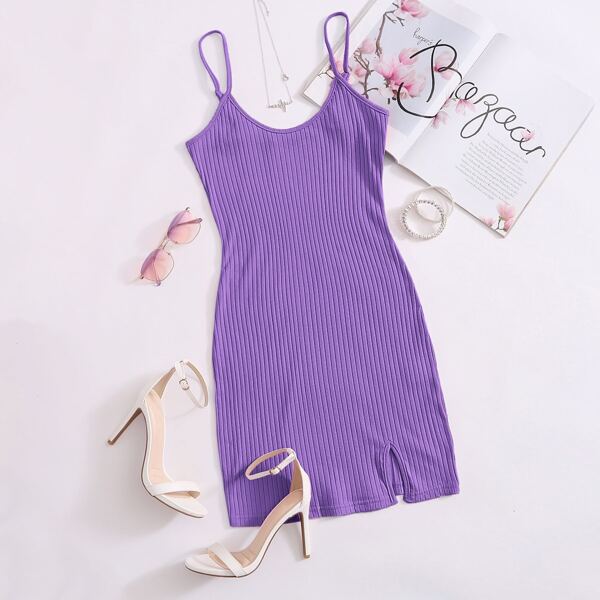 

Split Hem Rib-knit Bodycon Dress, Violet purple