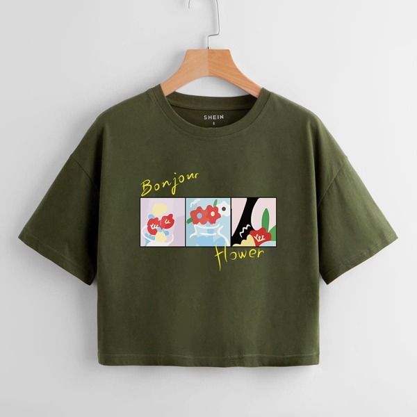 

Floral And Letter Graphic Crop Tee, Army green