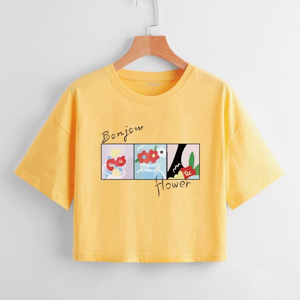 

Floral And Letter Graphic Crop Tee, Yellow
