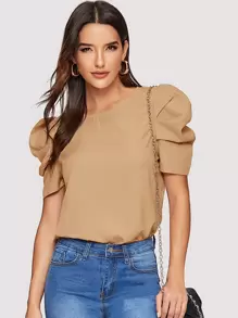 SHEIN Clasi Button Keyhole Back Puff Sleeve Top - Khaki - View 1