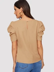 SHEIN Clasi Button Keyhole Back Puff Sleeve Top - Khaki - View 2