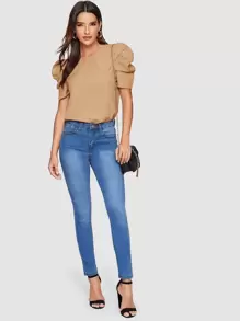 SHEIN Clasi Button Keyhole Back Puff Sleeve Top - Khaki - View 3