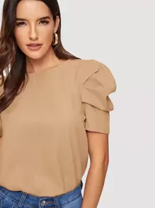 SHEIN Clasi Button Keyhole Back Puff Sleeve Top - Khaki - View 4