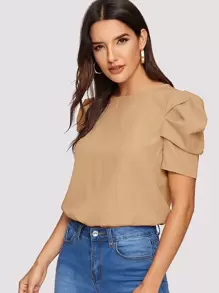 SHEIN Clasi Button Keyhole Back Puff Sleeve Top - Khaki - View 5