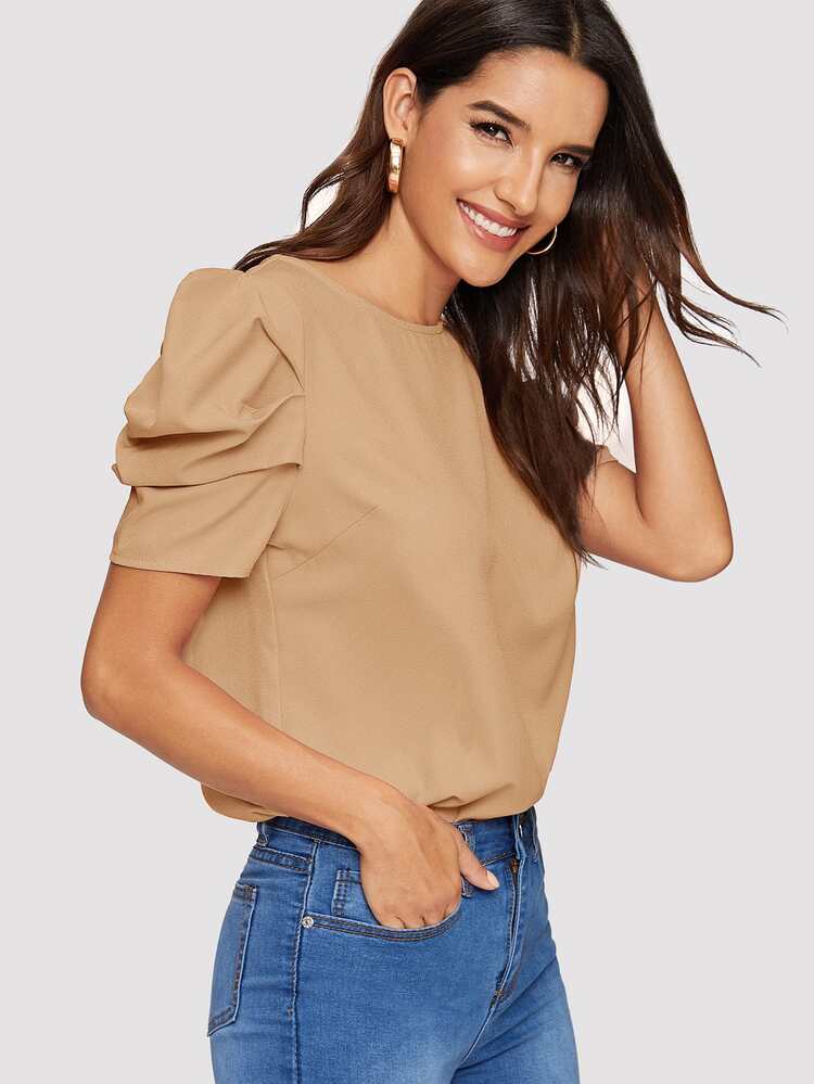 SHEIN Clasi Áo sơ mi Nút màu trơn Thanh lịch - Màu Khaki - Xem 6
