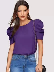 SHEIN Clasi Button Keyhole Back Puff Sleeve Top - Violet Purple - View 1