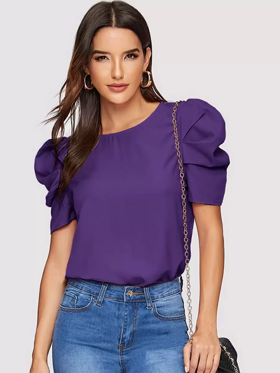 SHEIN Clasi Button Keyhole Back Puff Sleeve Top - Violet Purple - View 1