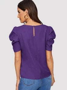 SHEIN Clasi Button Keyhole Back Puff Sleeve Top - Violet Purple - View 2