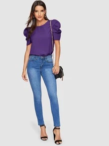 SHEIN Clasi Button Keyhole Back Puff Sleeve Top - Violet Purple - View 3