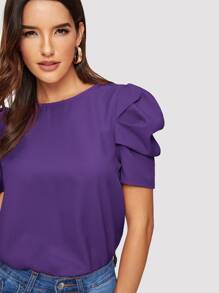 SHEIN Clasi Button Keyhole Back Puff Sleeve Top - Violet Purple - View 4