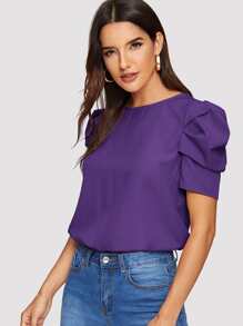SHEIN Clasi Button Keyhole Back Puff Sleeve Top - Violet Purple - View 5