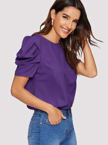 SHEIN Clasi Button Keyhole Back Puff Sleeve Top - Violet Purple - View 6