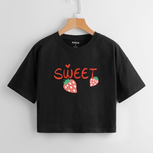 

Strawberry And Letter Graphic Drop Shoulder Crop Tee, Black