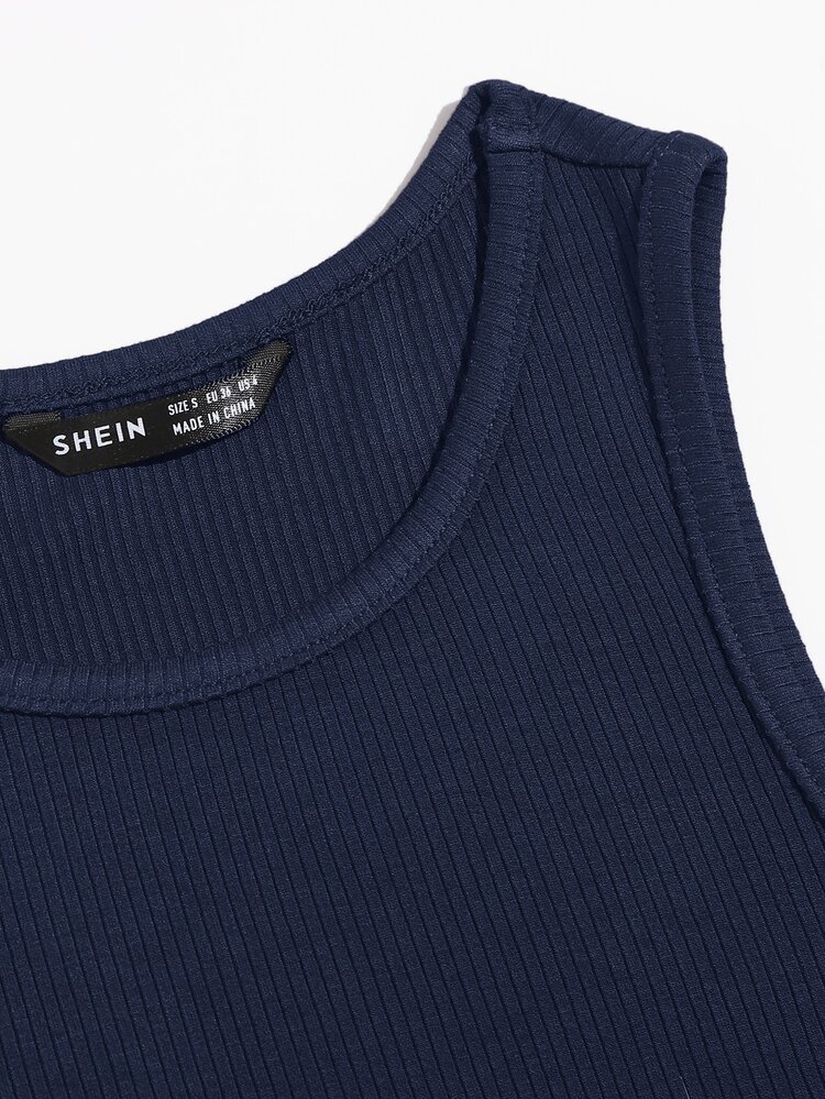 Muchica Solid Crop Tank Top - Navy Blue - View 3