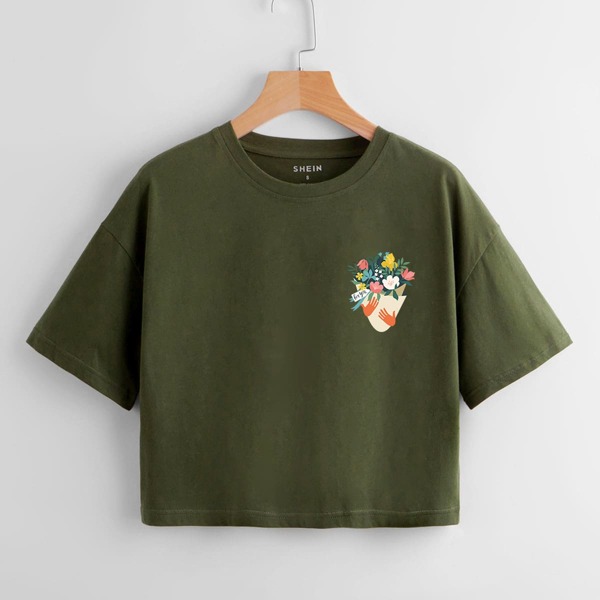 

Floral Print Drop Shoulder Crop Tee, Army green