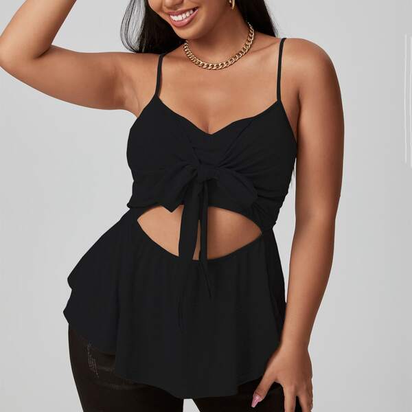 

Plus Solid Tie Front Cut Out Cami Top, Black