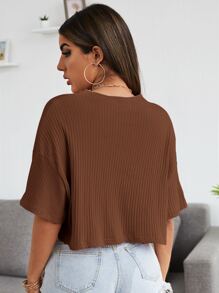 SHEIN EZwear Camiseta corta tejida de canalé unicolor de hombros caídos - Marrón Chocolate - Ver 2