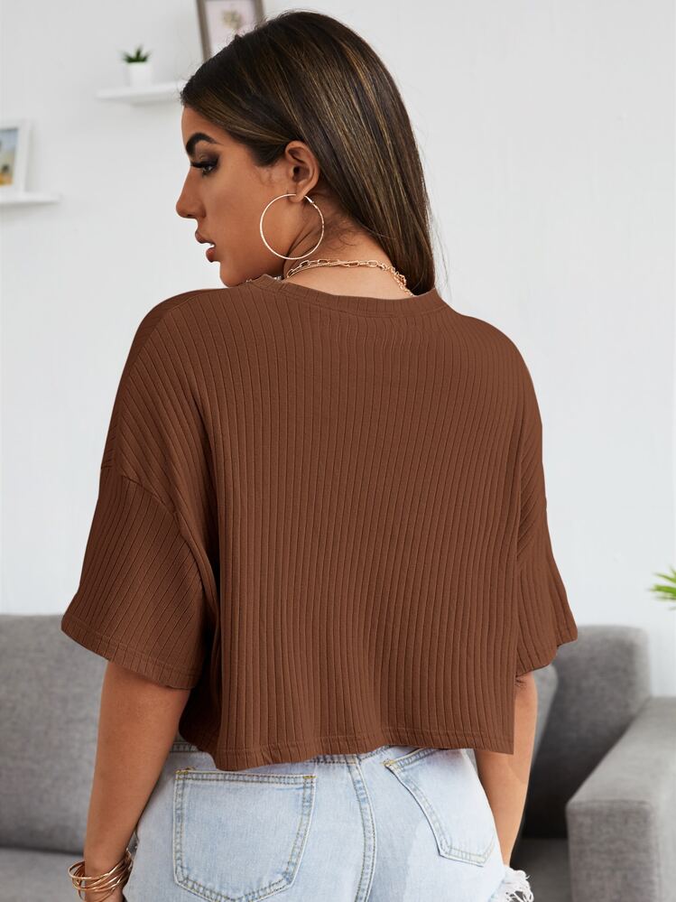 SHEIN EZwear Camiseta corta tejida de canalé unicolor de hombros caídos - Marrón Chocolate - Añade 2