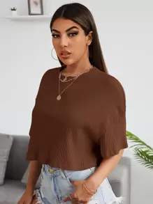 SHEIN EZwear Camiseta corta tejida de canalé unicolor de hombros caídos - Marrón Chocolate - Ver 3