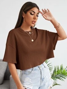 SHEIN EZwear Camiseta corta tejida de canalé unicolor de hombros caídos - Marrón Chocolate - Ver 4