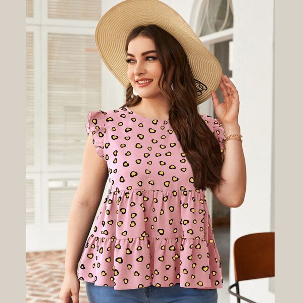 

Plus Heart Print Peplum Blouse, Dusty pink