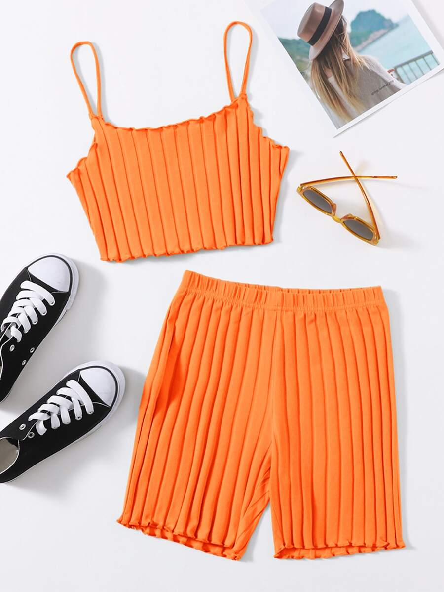 SHEIN EZwear 熒光橙小褶邊吊帶上衣和機車短褲套裝 - 橘色 - 查看 1