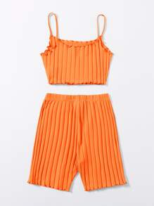 SHEIN EZwear 熒光橙小褶邊吊帶上衣和機車短褲套裝 - 橘色 - 查看 2
