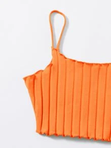 SHEIN EZwear 熒光橙小褶邊吊帶上衣和機車短褲套裝 - 橘色 - 查看 3