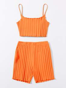 SHEIN EZwear 熒光橙小褶邊吊帶上衣和機車短褲套裝 - 橘色 - 查看 4