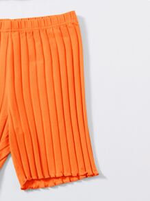 SHEIN EZwear 熒光橙小褶邊吊帶上衣和機車短褲套裝 - 橘色 - 查看 5