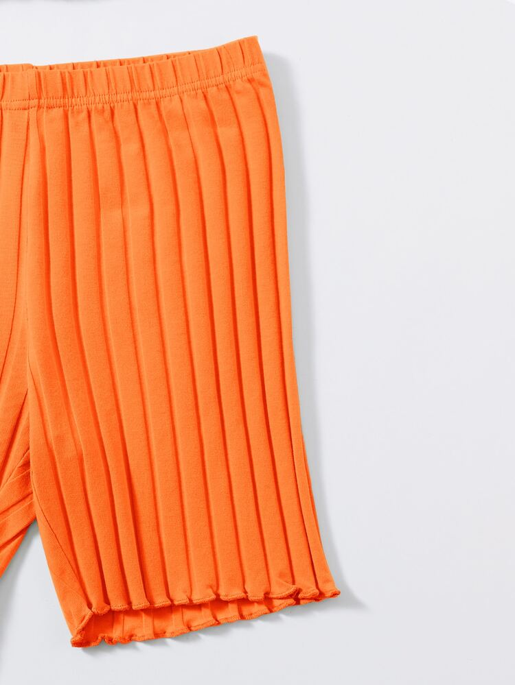 SHEIN EZwear Neon Orange Lettuce Trim Cami Top & Biker Shorts Set - Orange - View 5