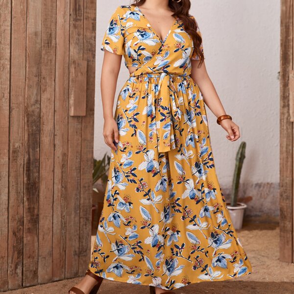 

Plus Wrap Tie Side Floral Top & Floral Skirt Set, Multicolor