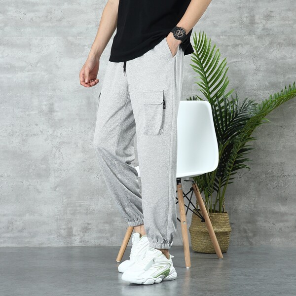

Men Flap Pocket Drawstring Waist Sweatpants, Light grey