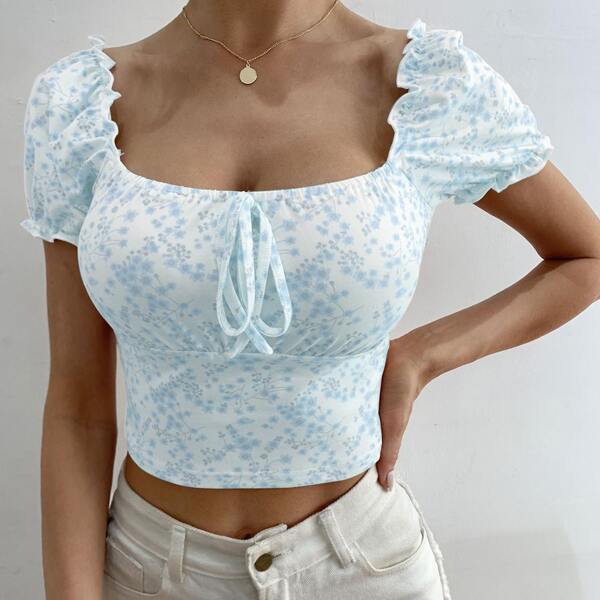 

Ditsy Floral Puff Sleeve Top, Baby blue
