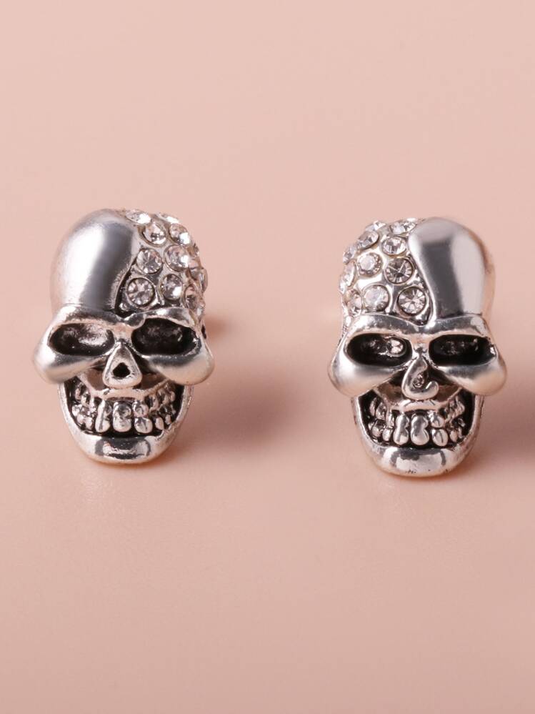 1 Pair Retro Skull Stud Earrings, Fashionable Unisex Couple Skeleton Head Earrings, Multiple Styles And Colors Available - Antique Silver - View 11