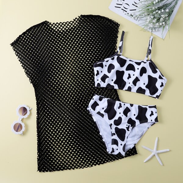 

3pack Girls Cow Print Bikini Swimsuit With Cover Up, Black and white