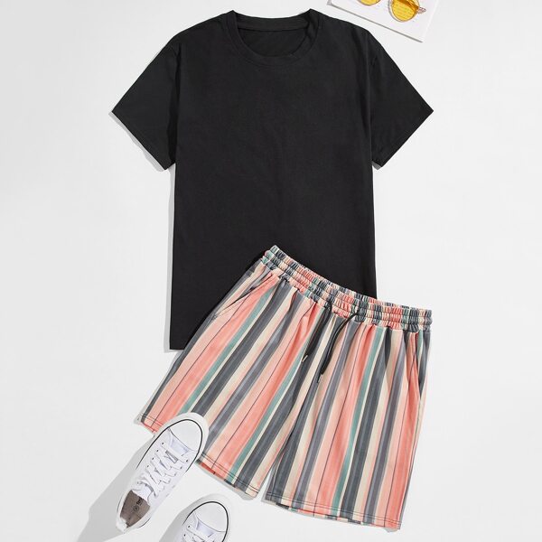 

Men Tee With Striped Drawstring Shorts, Multicolor