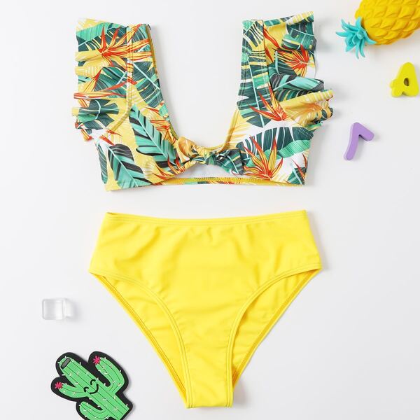

Girls Floral & Plant Print Ruffle Bikini Swimsuit, Multicolor